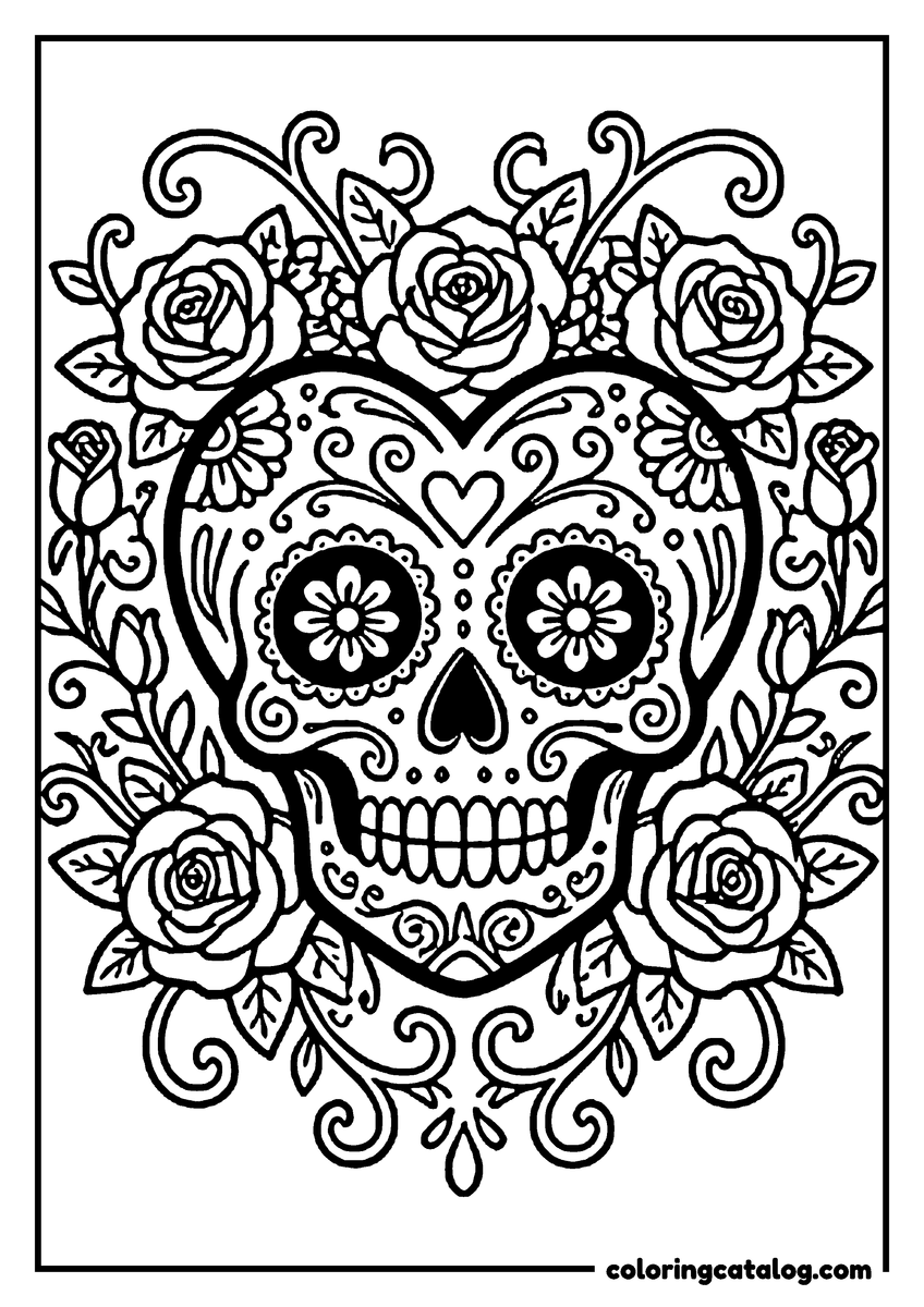 Dibujo de Día de Muertos para colorear e imprimir: una calaverita de azúcar en forma de corazón rodeada de rosas