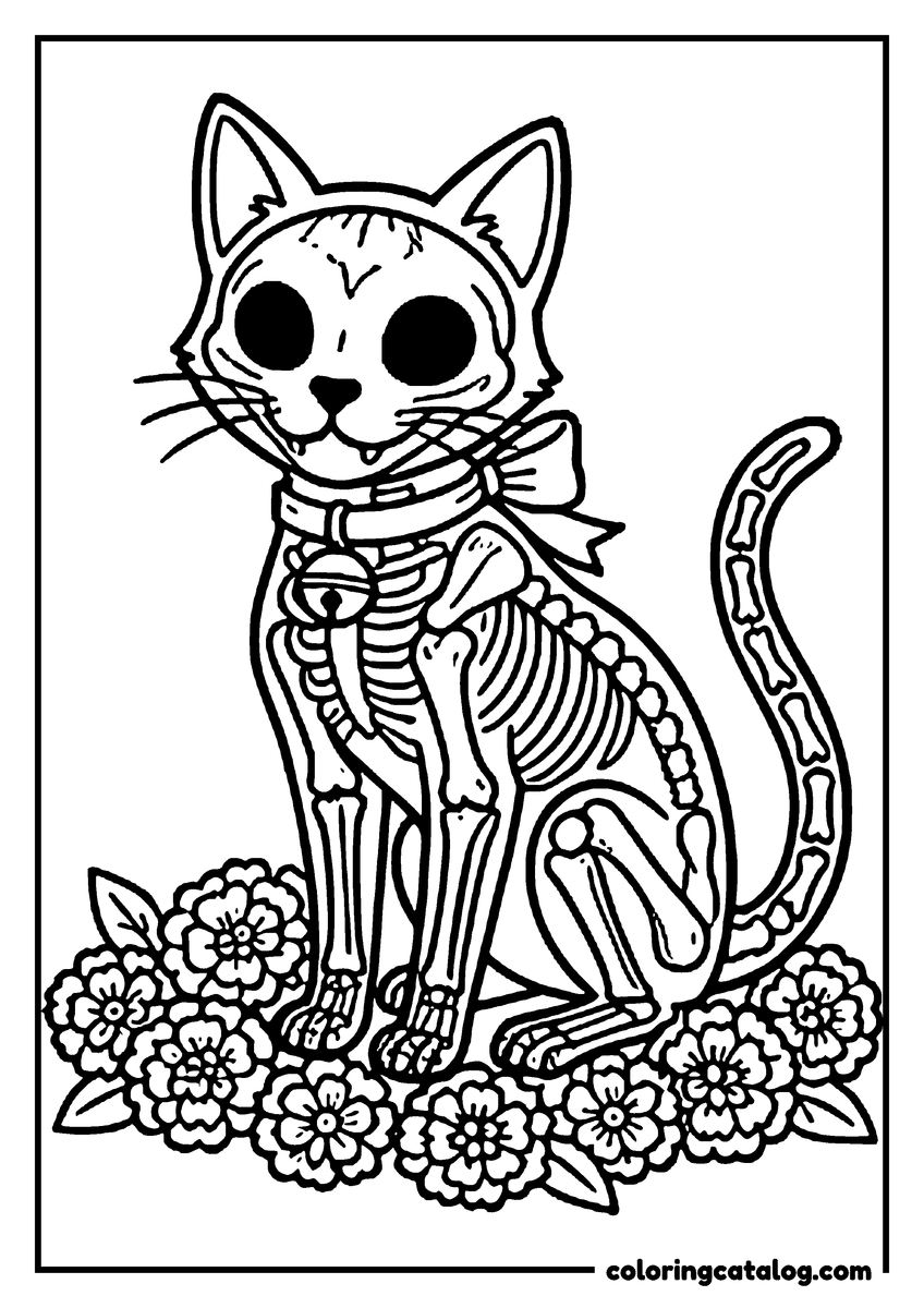 Dibujo de Día de Muertos para colorear: un gato esqueleto con moño sentado sobre flores de cempasúchil