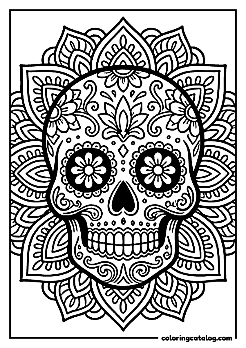 Dibujo para colorear de Día de Muertos: una calaverita de azúcar sobre un mandala de pétalos