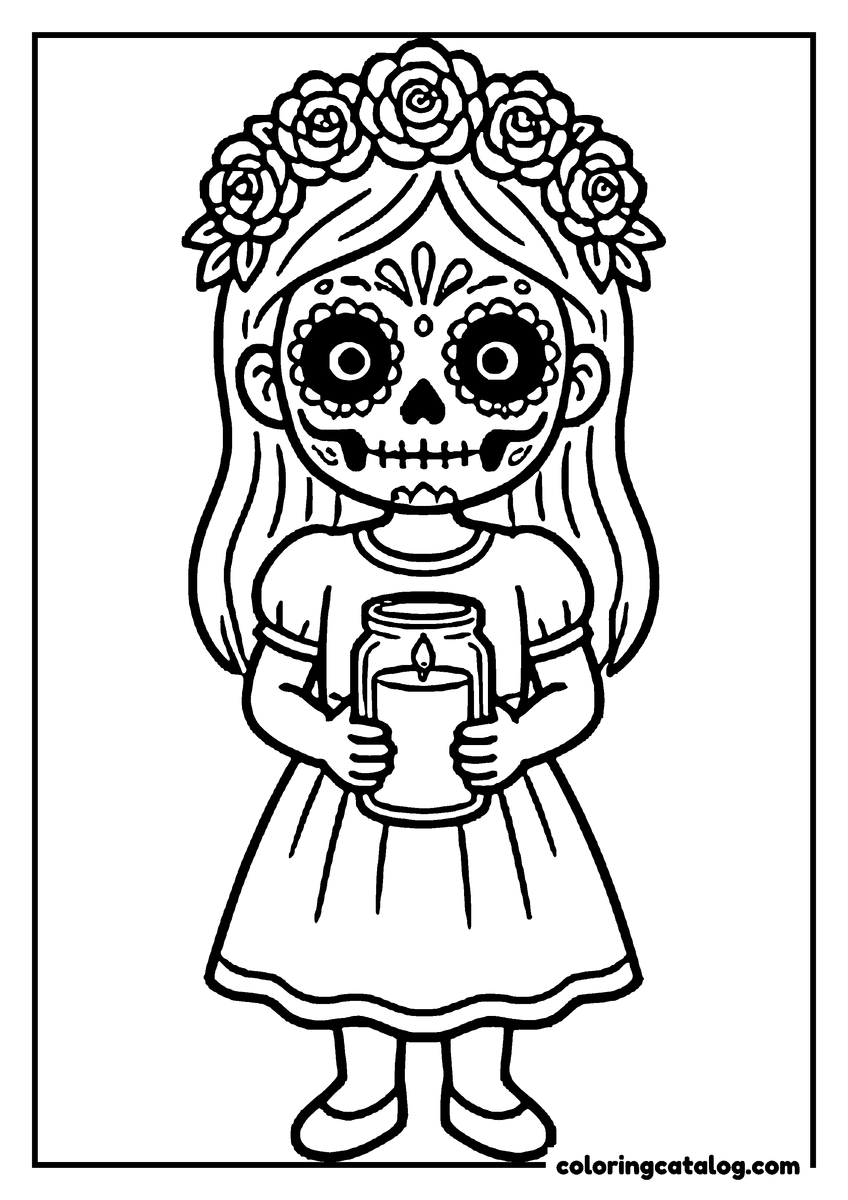 Dibujo para colorear de Día de Muertos: una niña con la cara pintada de Catrina y una corona de flores que sostiene una veladora