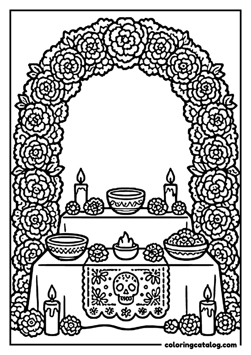 Dibujo para colorear de Día de Muertos: una ofrenda con veladoras y cuencos bajo un arco de flores de cempasúchil
