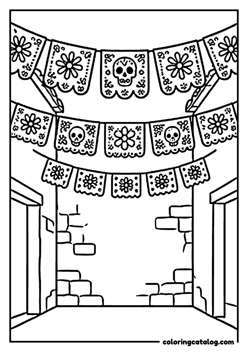 Dibujo de Día de Muertos para colorear: hileras de papel picado colgadas sobre un callejón angosto