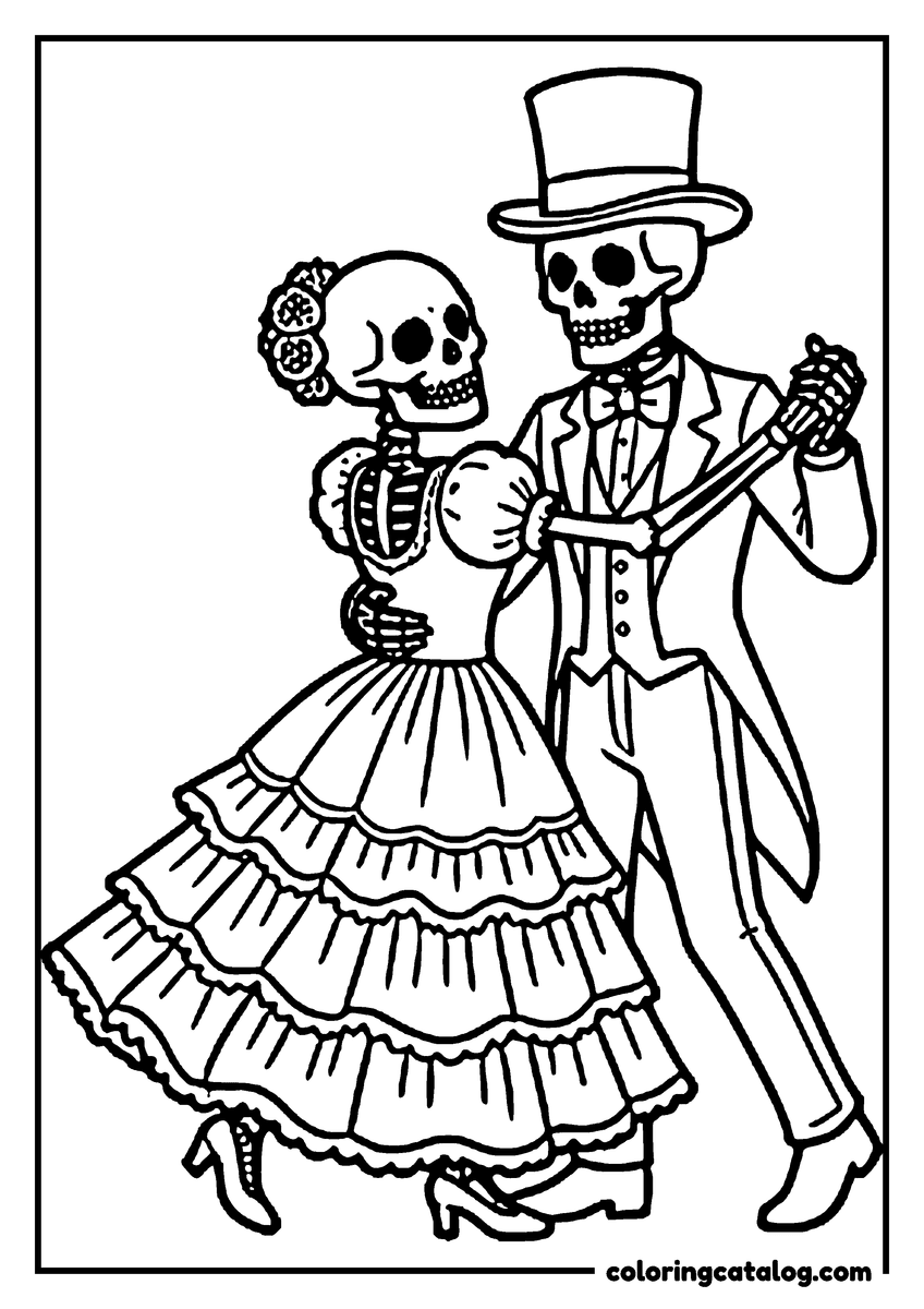 Dibujo de Día de Muertos para colorear: una pareja de calacas que baila, ella con un vestido de olanes y él con sombrero de copa