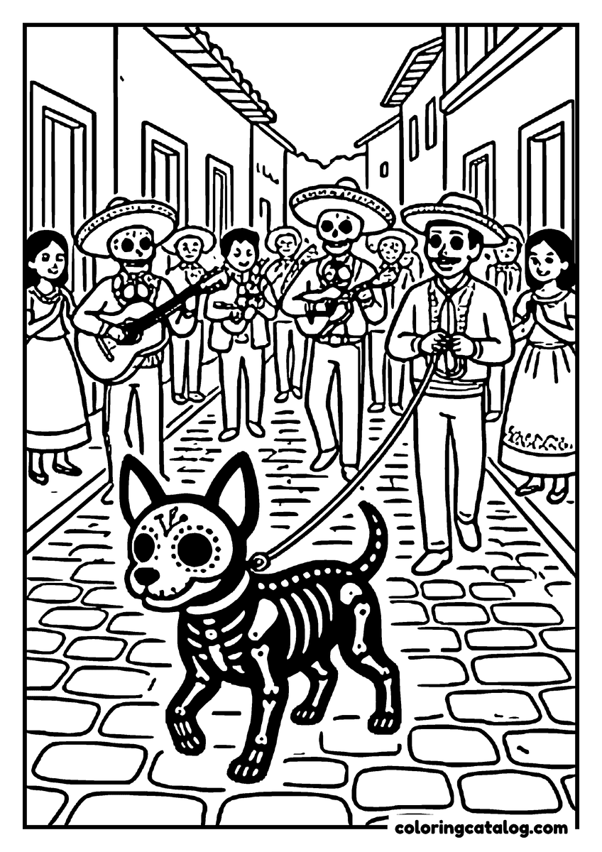 Dibujo de Día de Muertos para colorear: una procesión por la calle con músicos y familias, y un perro esqueleto paseado con correa