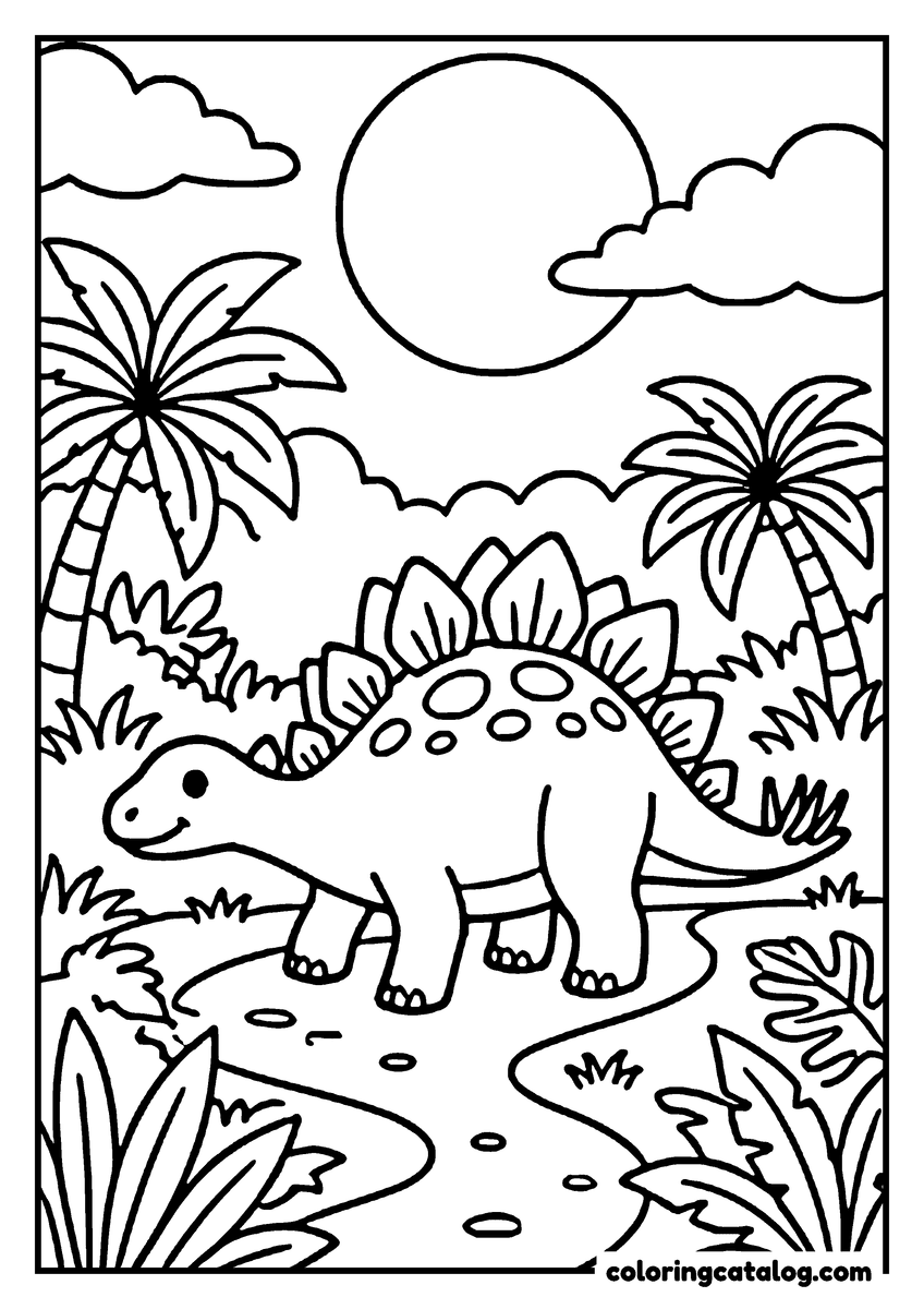 Dibujo para colorear de dinosaurios: un estegosaurio camina por una selva de palmeras, con un sol grande y bajo en el cielo