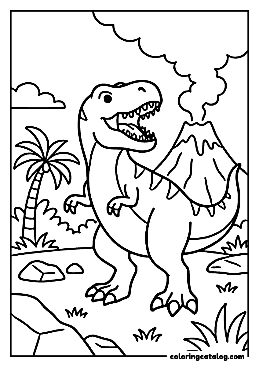 Dibujo para colorear de dinosaurios: un tiranosaurio rex ruge junto a un volcán en erupción, con una palmera y rocas
