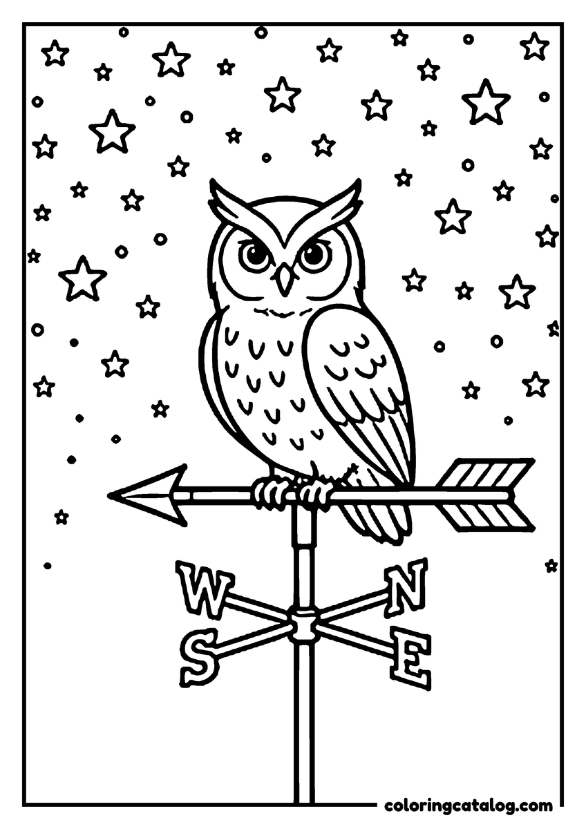Dibujo para colorear e imprimir: un búho posado en una veleta bajo un cielo lleno de estrellas