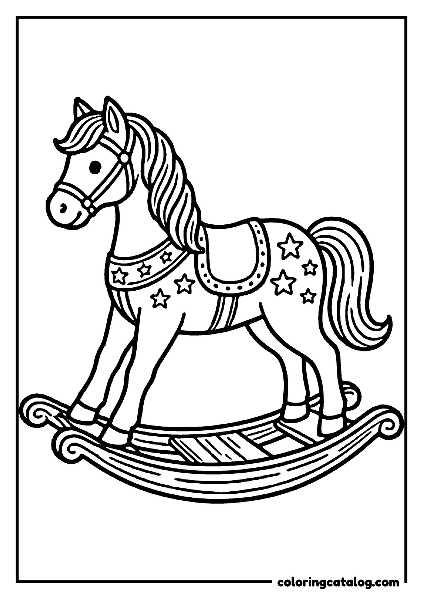 Dibujo gratis para colorear: un caballito mecedor de madera con estrellas en la silla y en la manta