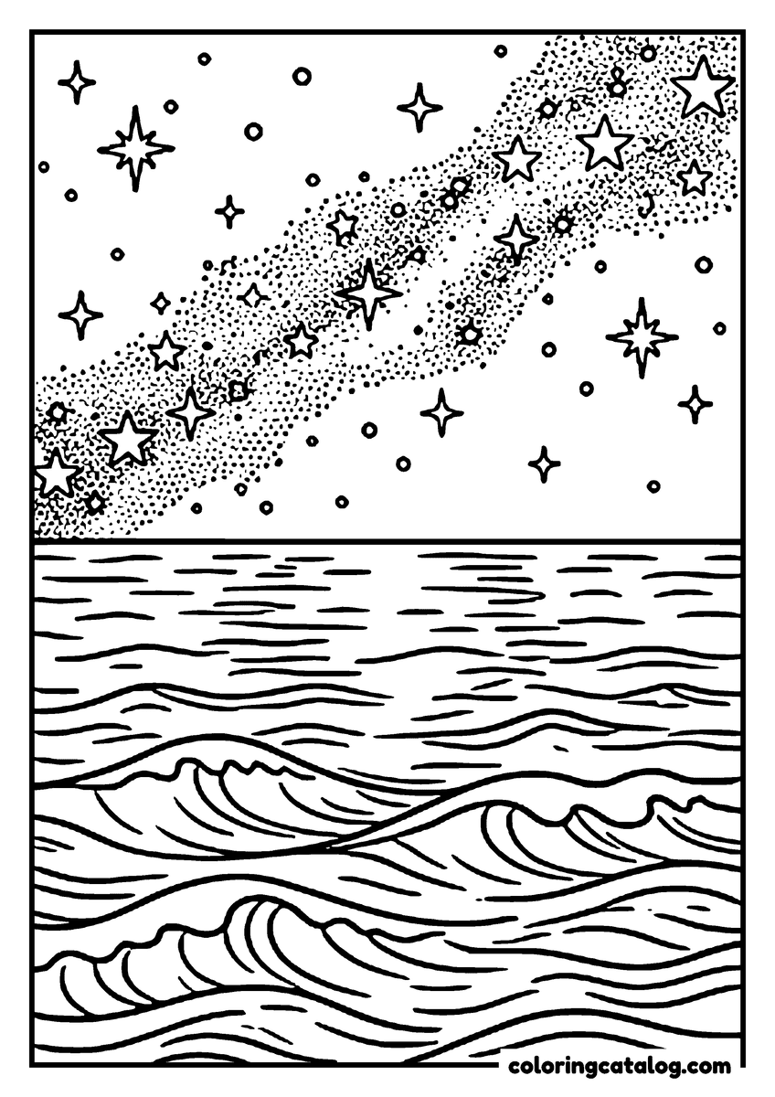 Dibujo gratis para colorear: una franja de estrellas que cruza el cielo nocturno sobre las olas del mar