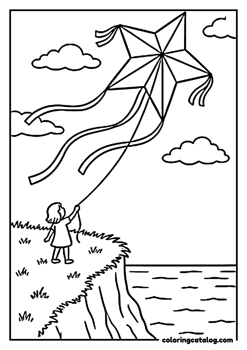 Dibujo de estrellas para colorear e imprimir: un niño que vuela una cometa con forma de estrella y largas colas de cinta desde lo alto de un acantilado sobre el mar