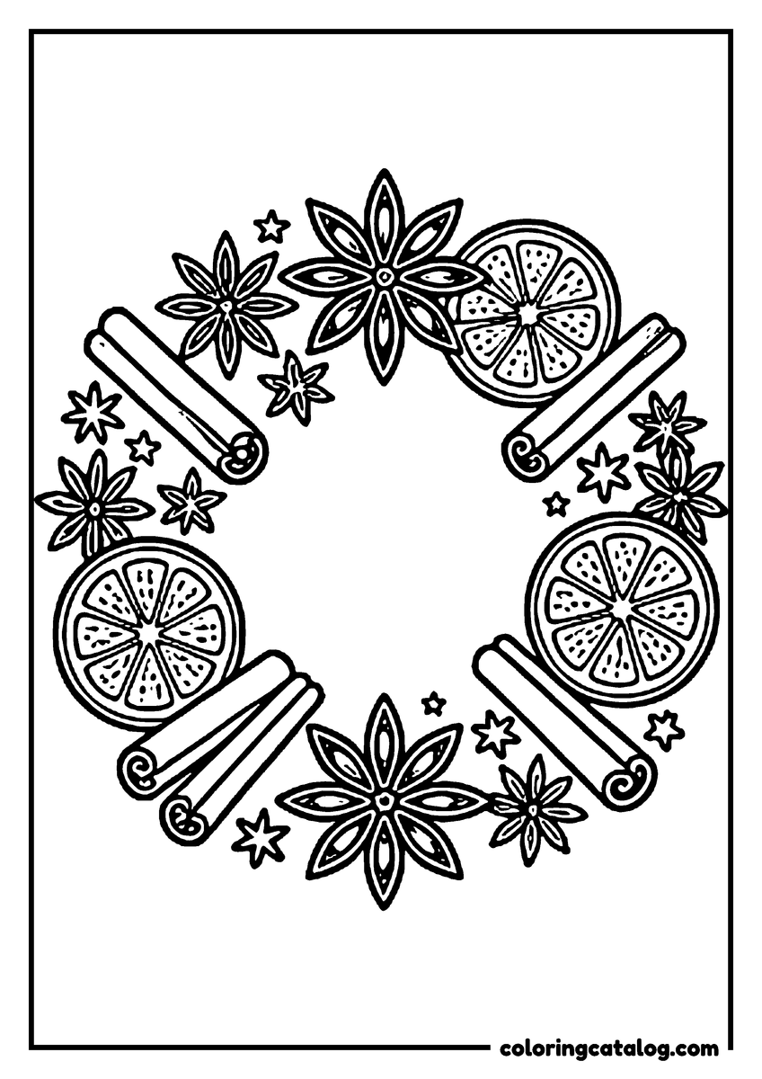 Dibujo para colorear de estrellas: una corona de anís estrellado, ramitas de canela y rodajas de naranja seca