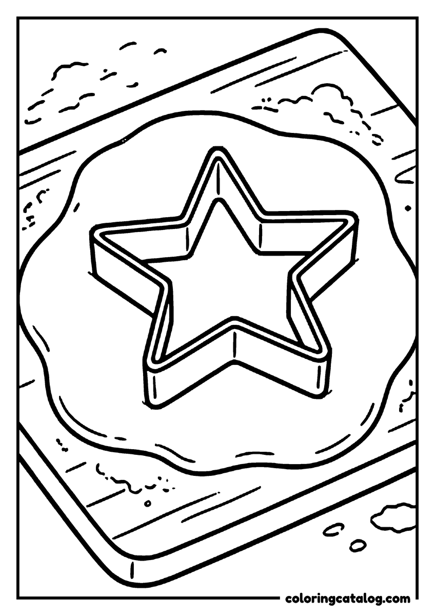 Dibujo de estrellas para colorear e imprimir: un cortador de galletas con forma de estrella hundido en la masa extendida sobre una tabla enharinada