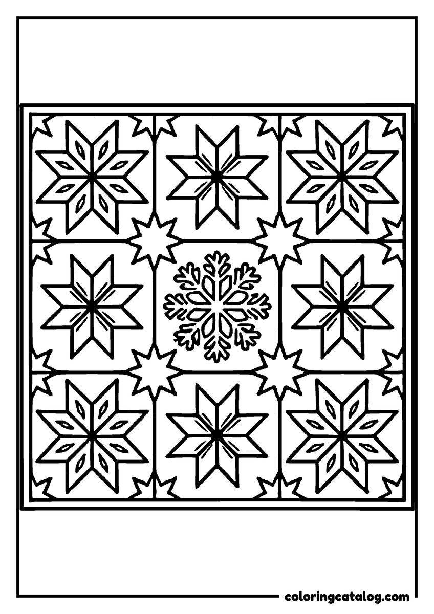 Dibujo para colorear e imprimir: un cuadro de edredón con estrellas de ocho puntas alrededor de un copo de nieve en el centro