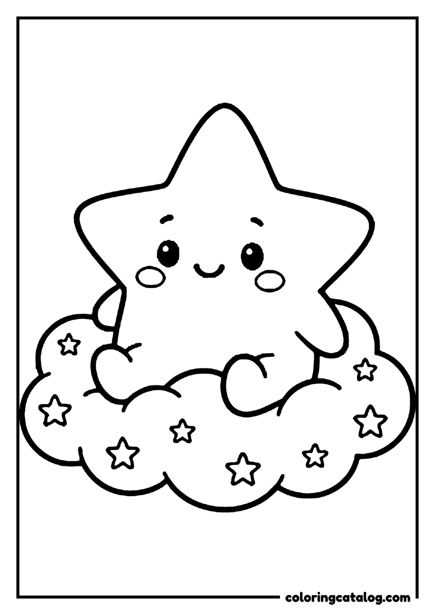 Dibujo de estrellas para colorear: una estrellita chibi sonriente de mejillas redondas sentada en una nube salpicada de estrellitas