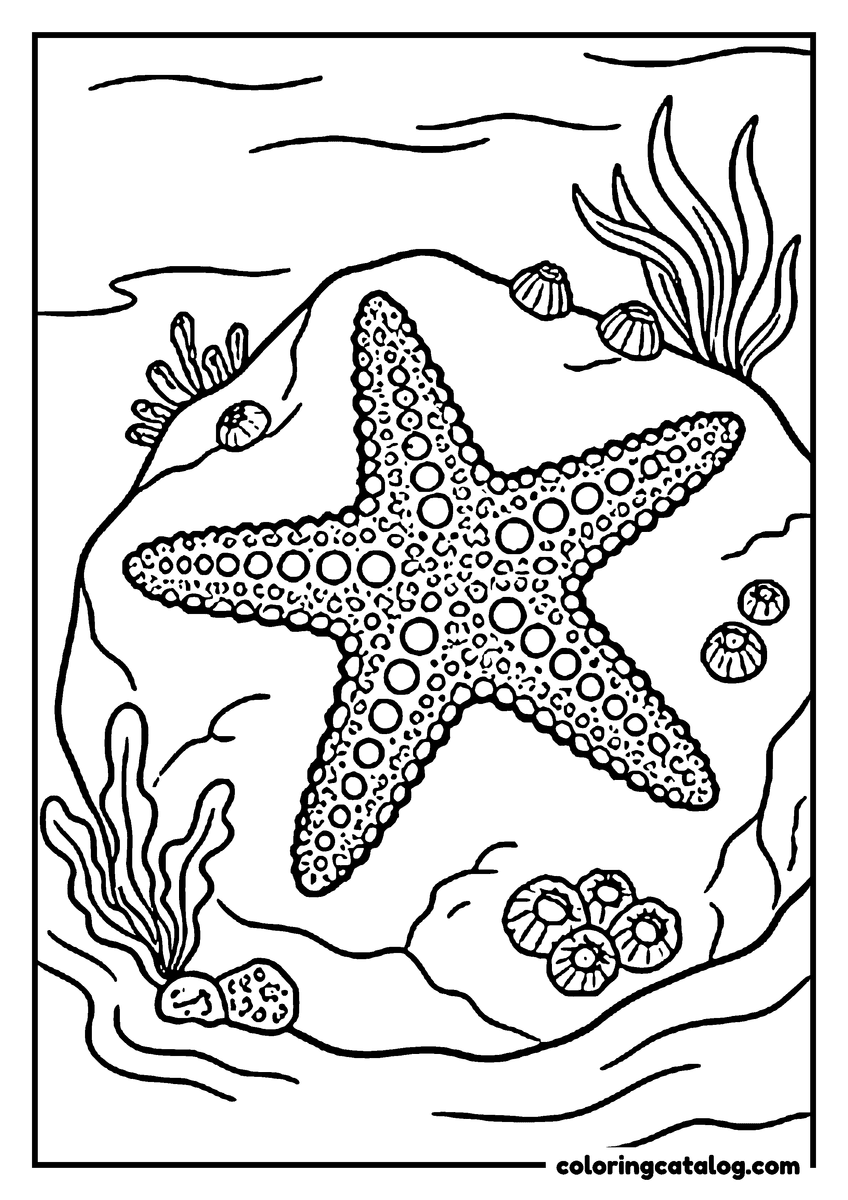 Dibujo de estrellas para colorear: una estrella de mar rugosa sobre una roca en una poza de marea, entre algas y percebes