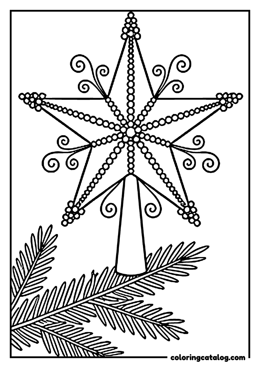 Dibujo de estrellas para colorear: una estrella de cuentas con espirales de alambre en la punta de un árbol de Navidad