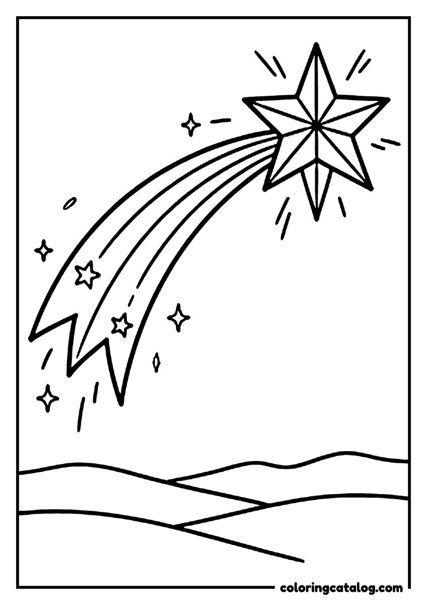 Dibujo de estrellas para colorear: una estrella fugaz con una larga cola de chispas sobre unas colinas onduladas