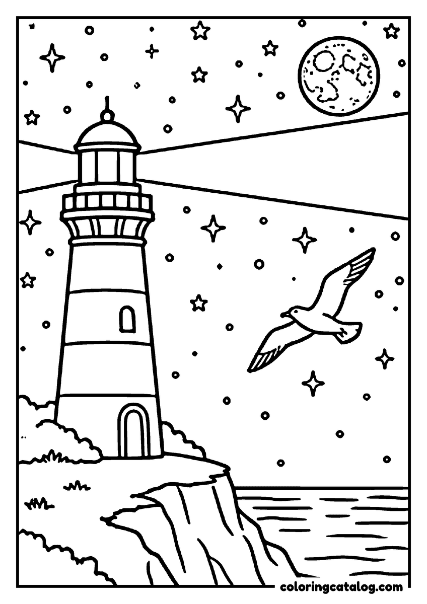 Dibujo de estrellas para colorear e imprimir: un faro sobre un acantilado bajo un cielo estrellado y la luna llena, con una gaviota que pasa volando