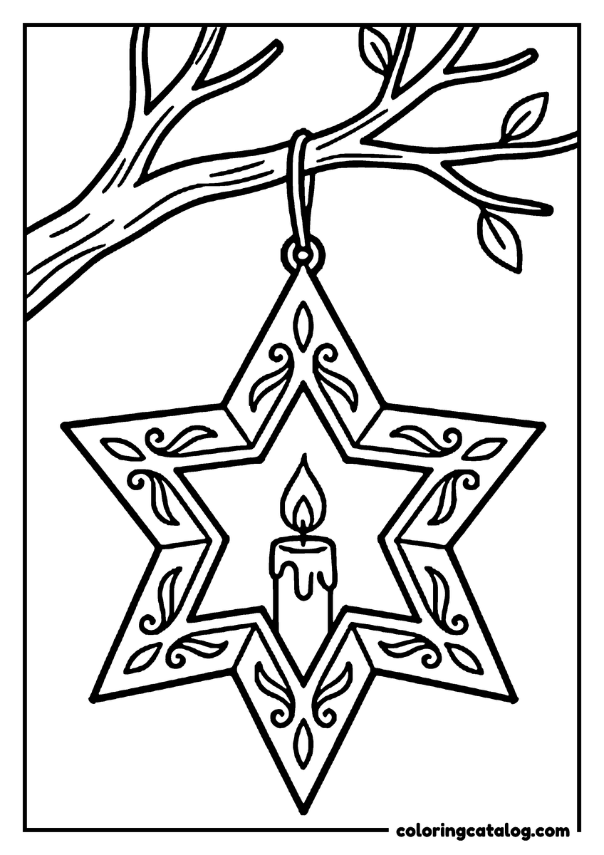 Dibujo de estrellas para colorear e imprimir: un farol en forma de estrella de seis puntas, con una vela adentro, colgado de la rama de un árbol