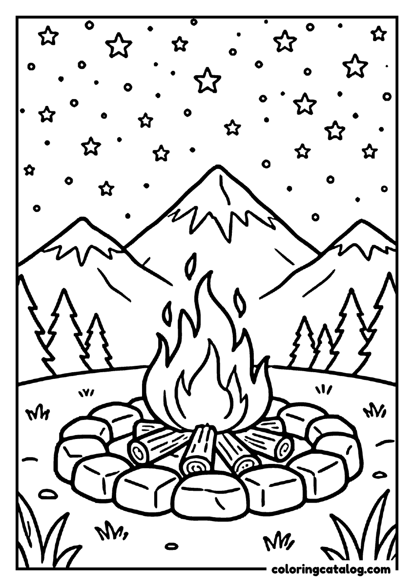 Dibujo para colorear: una fogata rodeada de piedras al pie de unas montañas, bajo un cielo lleno de estrellas