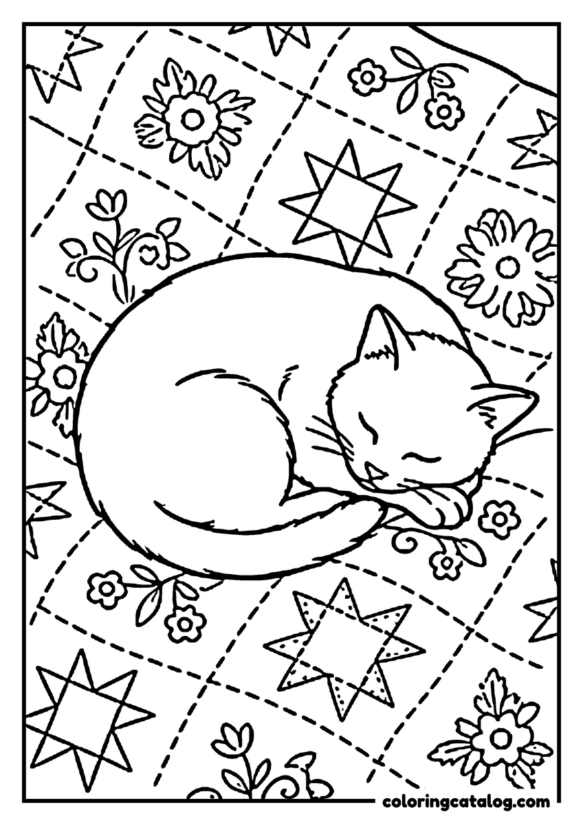 Dibujo para colorear: un gato enroscado y dormido sobre un edredón de retazos con estrellas y flores