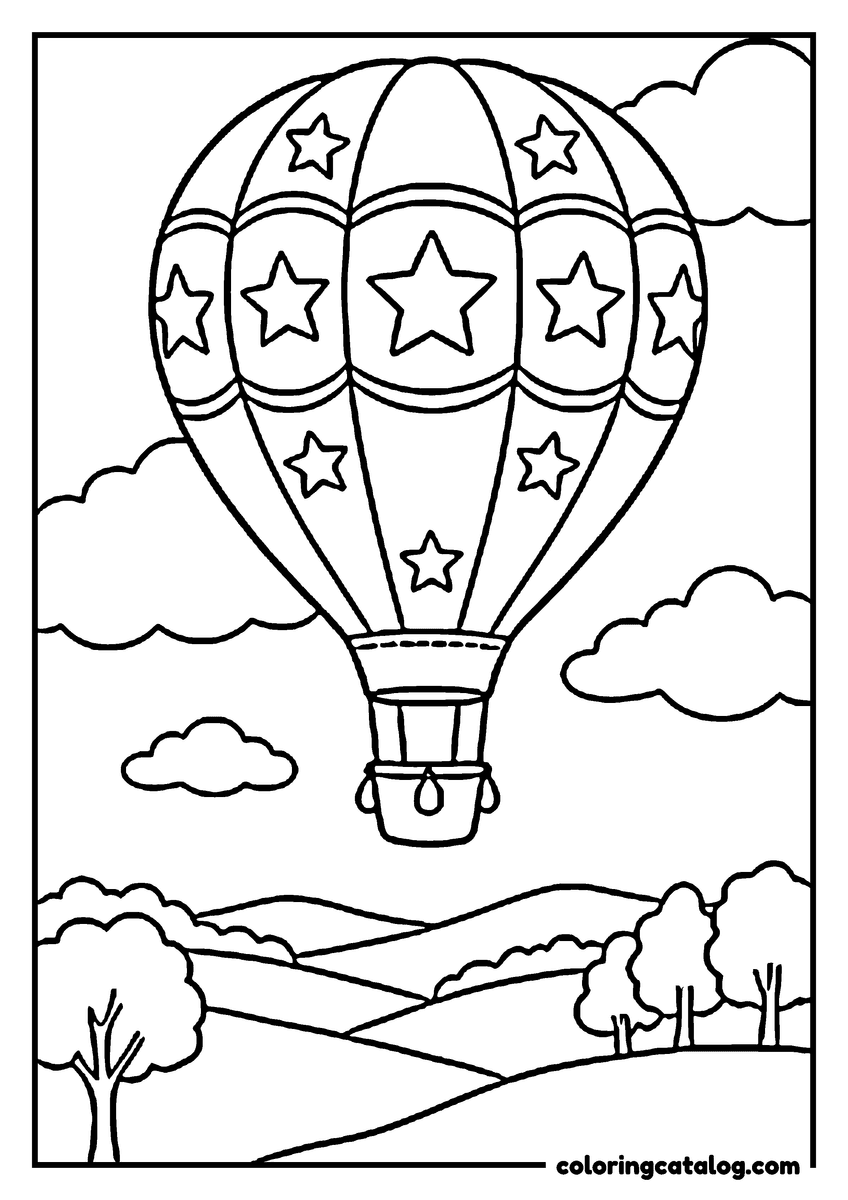 Dibujo para colorear: un globo aerostático decorado con estrellas que flota sobre las colinas