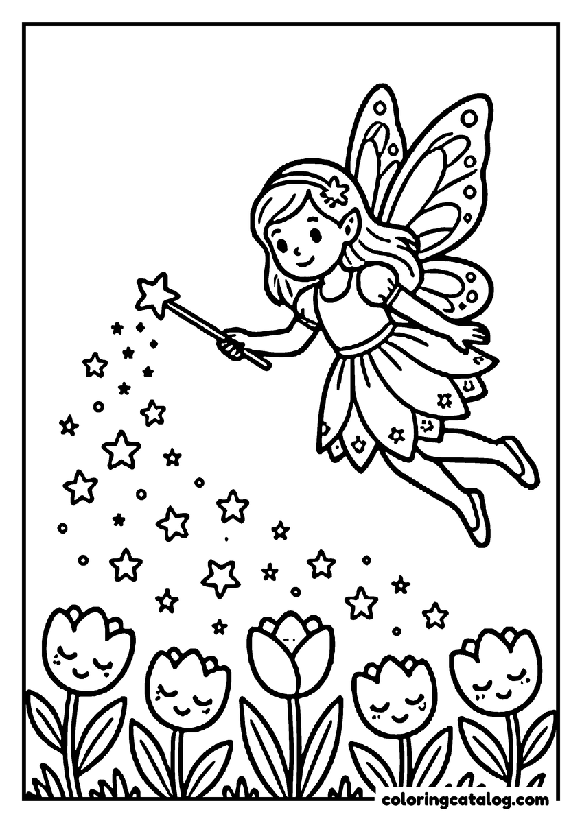 Dibujo para colorear e imprimir: un hada con una varita de estrella que esparce estrellas sobre una fila de tulipanes dormidos