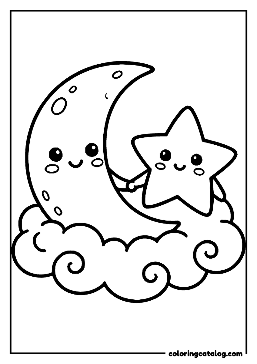 Dibujo para colorear de estrellas: una luna y una estrella chibi sonrientes que se toman de la mano sobre una nube rizada
