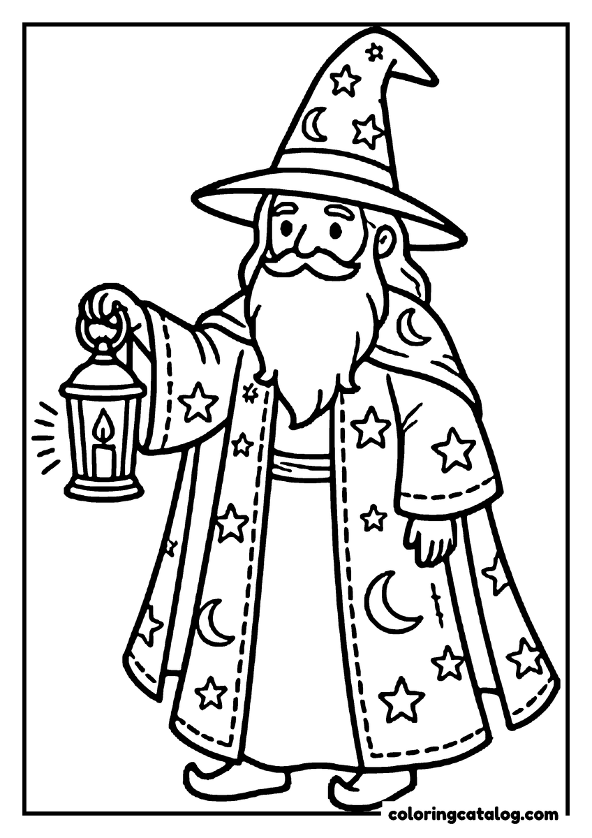 Dibujo para colorear: un mago barbudo con sombrero puntiagudo y una túnica cubierta de estrellas y lunas, que sostiene un farol