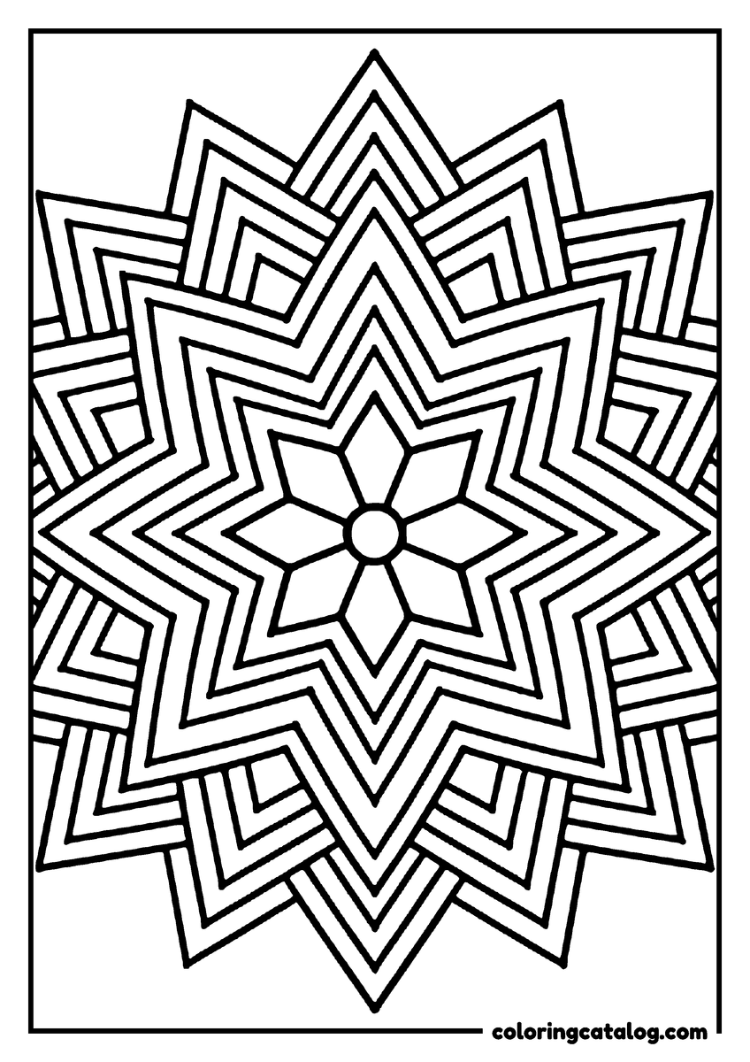 Dibujo para colorear: un mandala de estrellas, una dentro de otra, que se abren desde un rosetón de ocho puntas