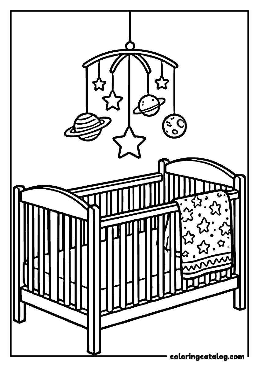 Dibujo para colorear: un móvil de estrellas y planetas colgado sobre una cuna de madera con una cobija de estrellas