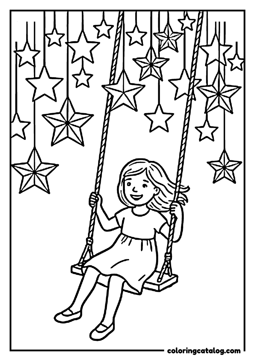 Dibujo para colorear e imprimir: una niña en un columpio de cuerda bajo un techo de estrellas de papel colgadas
