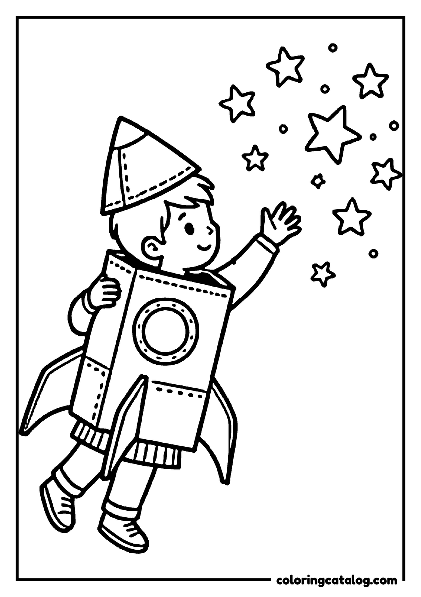 Dibujo para colorear: un niño con un cohete de cartón puesto que estira los brazos hacia las estrellas