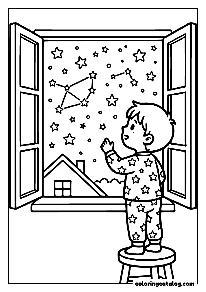 Dibujo para colorear e imprimir: un niño con pijama de estrellas, de pie sobre un banquito frente a una ventana abierta, que mira las constelaciones