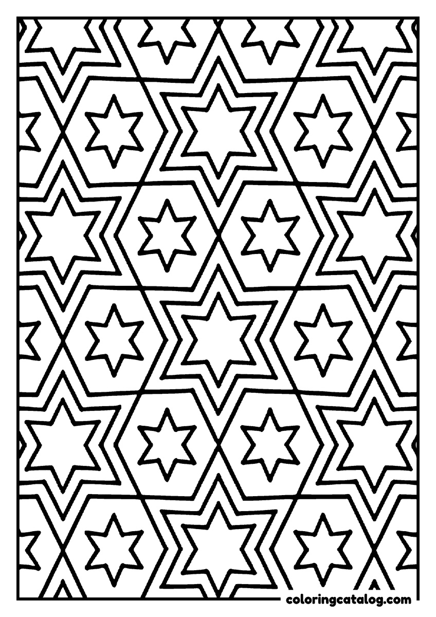 Dibujo gratis para colorear: un patrón de estrellas de seis puntas que se repite por toda la hoja