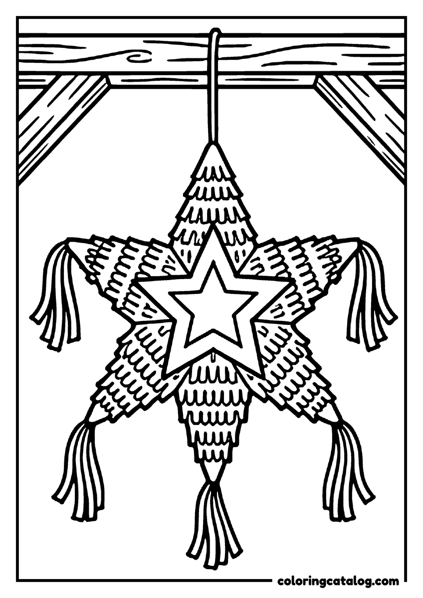 Dibujo de estrellas para colorear e imprimir: una piñata con forma de estrella y picos con flecos colgada de una viga de madera
