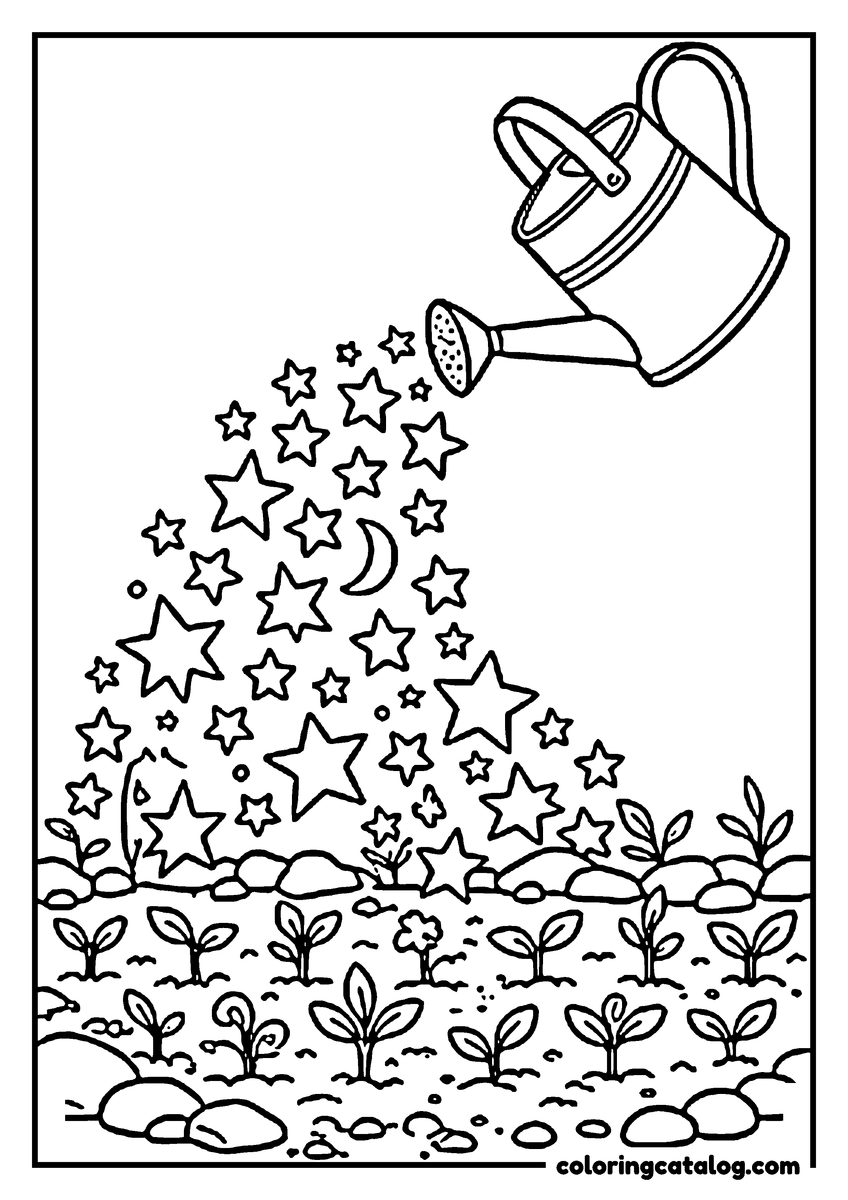Dibujo para colorear e imprimir: una regadera que vierte un chorro de estrellas sobre una hilera de plantitas recién brotadas