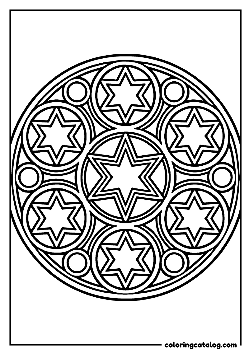 Dibujo gratis para colorear: un vitral redondo de estrellas de seis puntas dentro de círculos