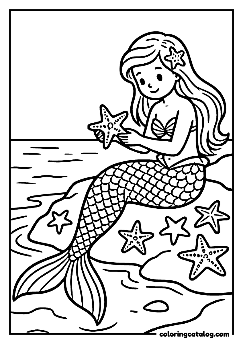 Dibujo para colorear e imprimir: una sirena sentada en una roca junto al mar con una estrella de mar en la mano y más estrellas de mar junto a su cola