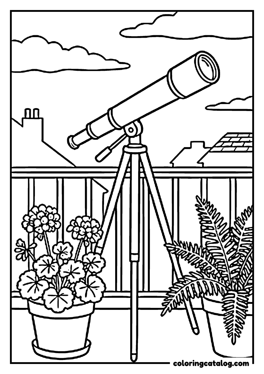 Dibujo para colorear de estrellas: un telescopio sobre un trípode que apunta al cielo desde un balcón con macetas