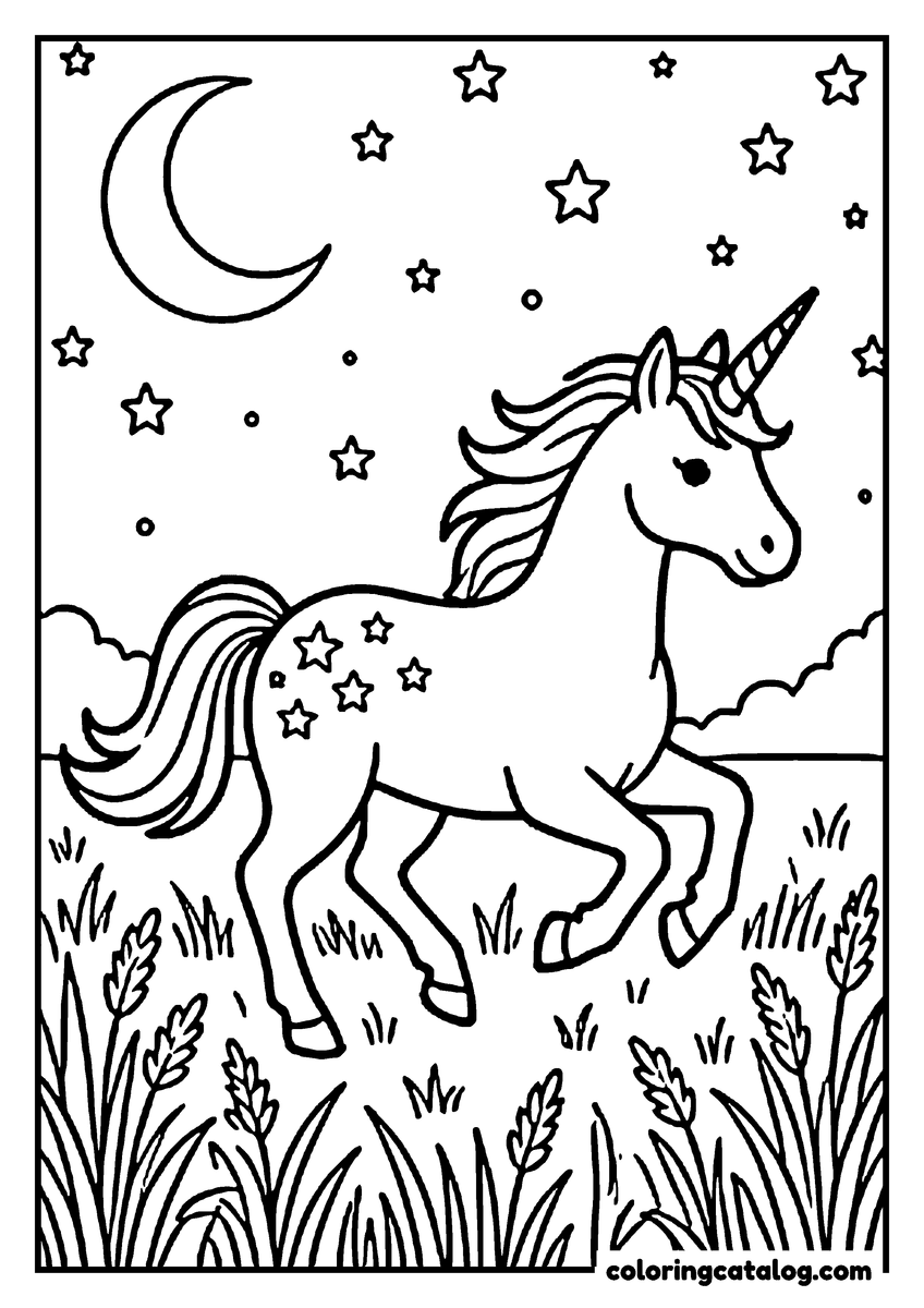 Dibujo para colorear e imprimir: un unicornio con estrellas en el costado que galopa entre el pasto alto bajo una luna creciente