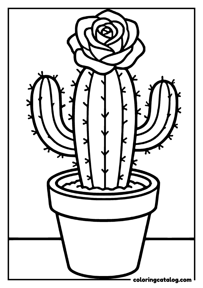 Dibujo de flores para colorear: un cactus en una maceta de barro con una sola flor en forma de rosa en la punta
