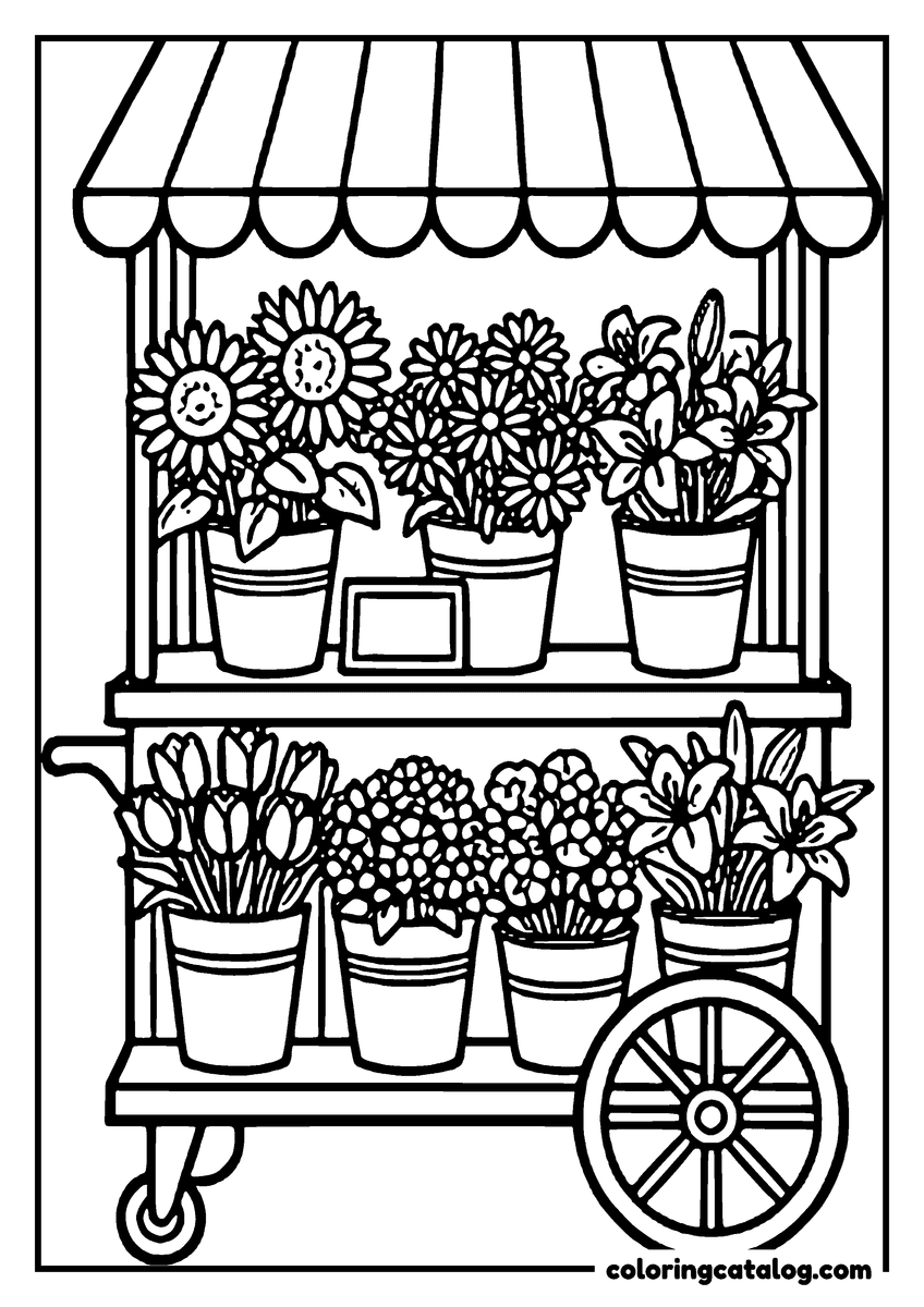 Dibujo para colorear e imprimir: un carrito de flores de mercado bajo un toldo a rayas, con baldes de flores en las dos repisas