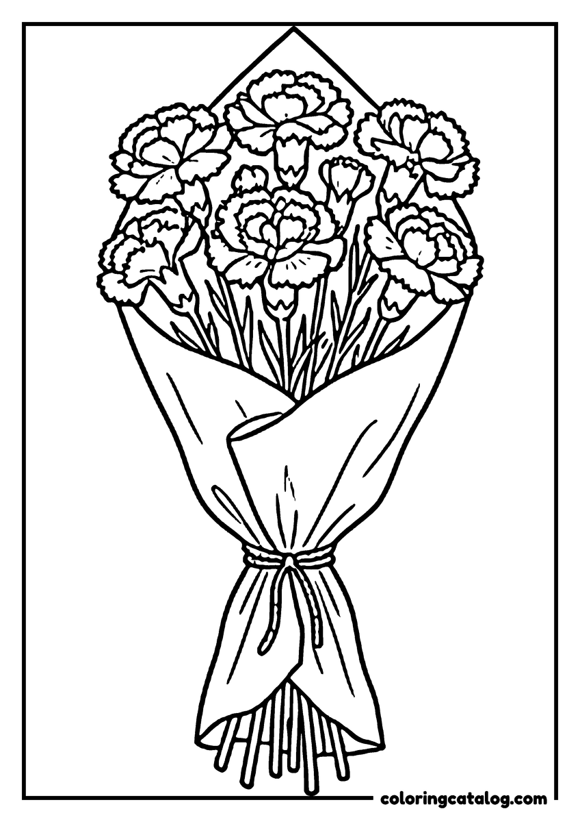 Dibujo de flores para colorear: un ramo de claveles en un cono de papel atado con una cinta
