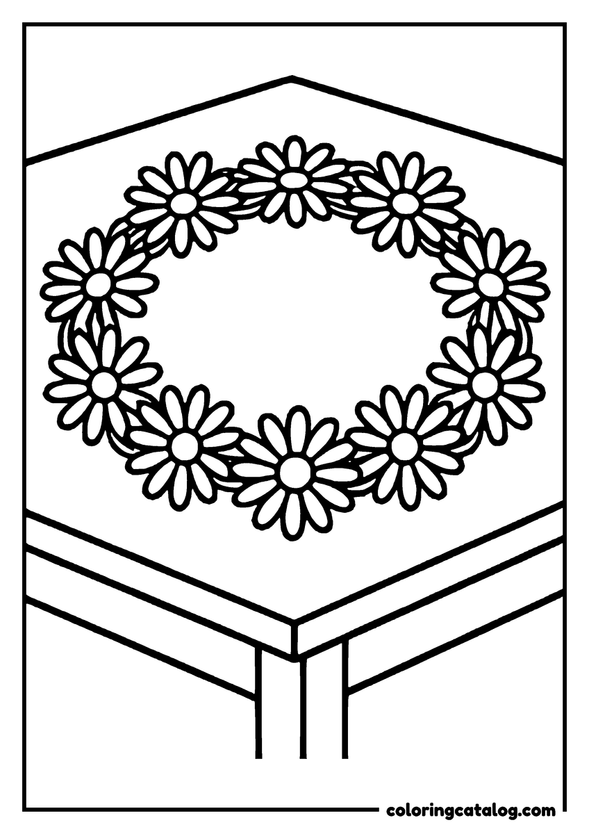 Dibujo de flores para colorear e imprimir: una cadena de margaritas cerrada en círculo sobre una mesa