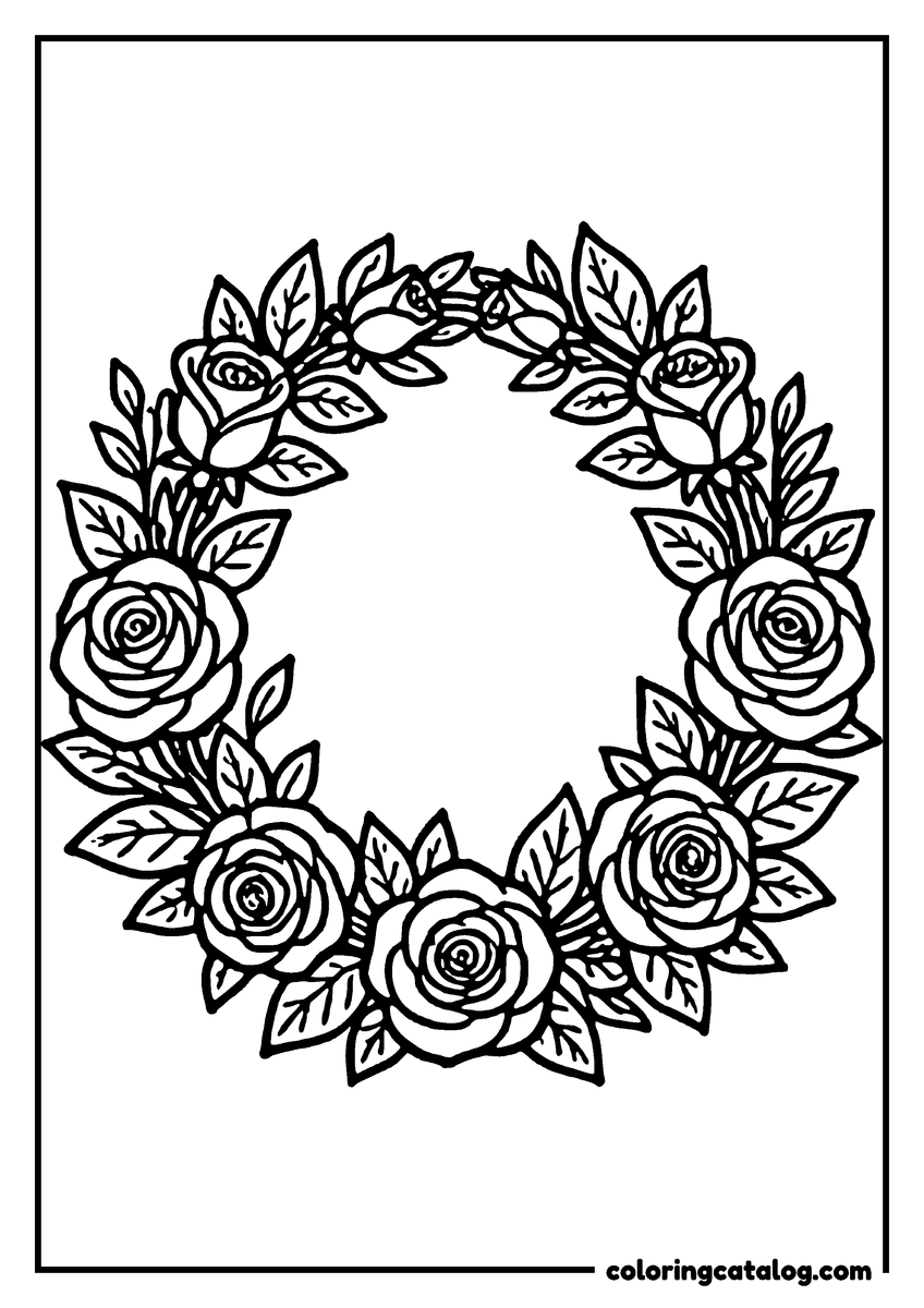 Dibujo de flores para colorear: una corona redonda de rosas abiertas, capullos y hojas