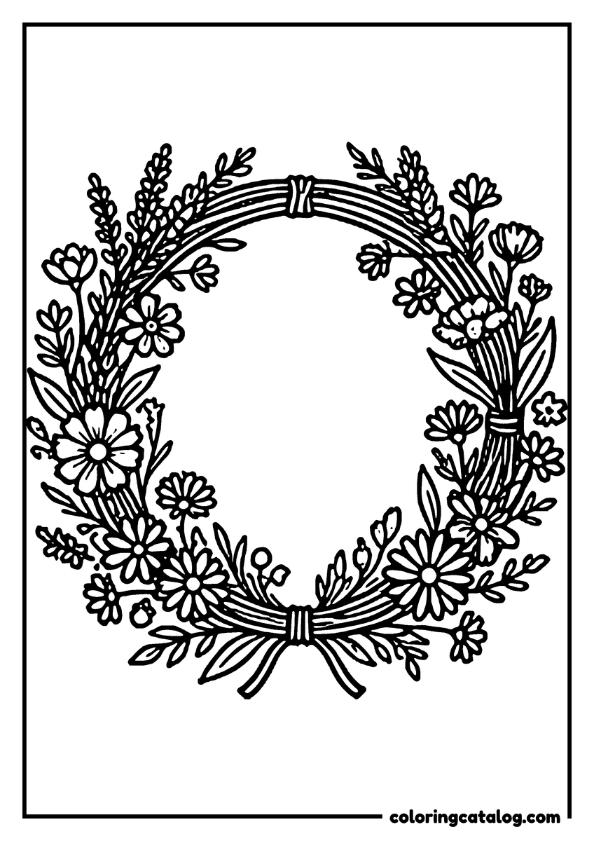 Dibujo para colorear: una corona tejida de margaritas y flores silvestres, atada con un moño