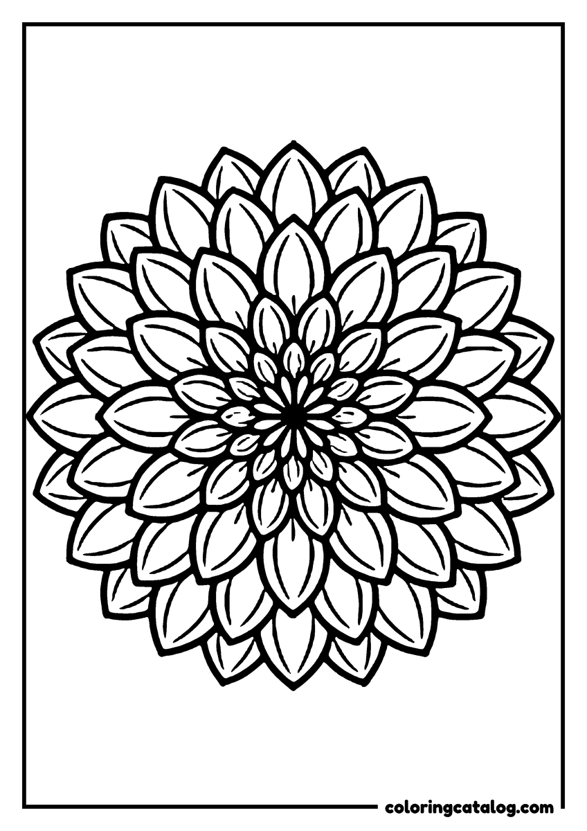 Dibujo para colorear de flores: una dalia vista desde arriba, con los pétalos en anillos como un mandala