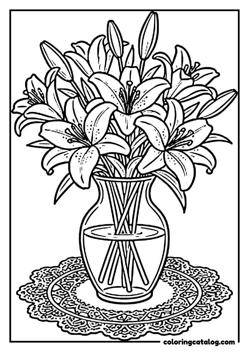Dibujo para colorear de flores: un florero de vidrio con lirios y capullos sobre un tapete de encaje