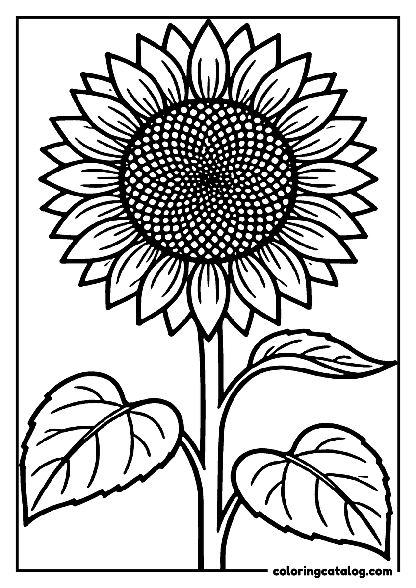 Dibujo de flores para colorear: la cabeza de un girasol llena de semillas, con tres hojas anchas en el tallo